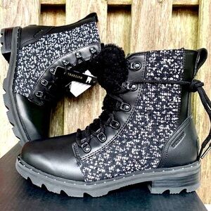 SOREL NEW Waterproof Lace Up Cozy Black Leather Moto Rain Winter Combat Boots